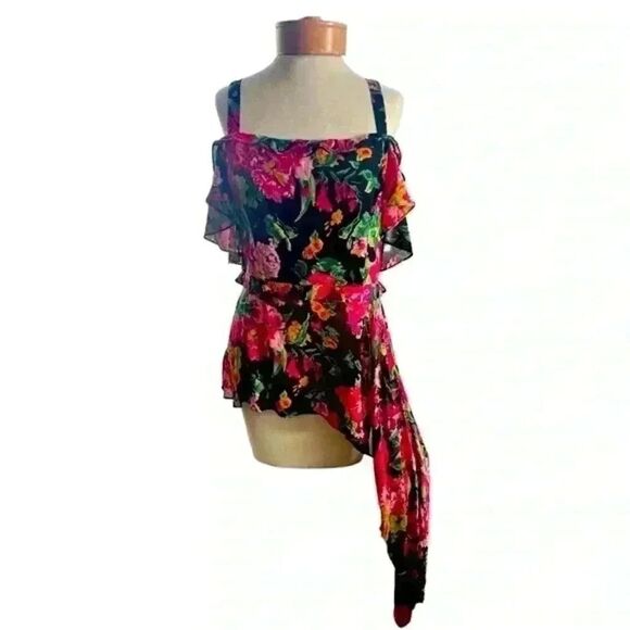 BCBGMAXAZRIA Women chiffon blouse. Off shoulder fitted, asymmetrical. Size M NWT - Picture 4 of 9